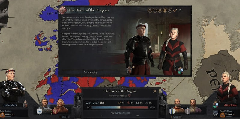 An example of a possible scenario in the Game of Thrones Mod for CK3, showing Rhaenyra and Daemon going to war over Westeros.