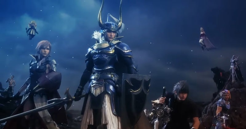 A scene from the Dissidia Final Fantasy NT opening cutscene showing characters from mostly all Final Fantasy games