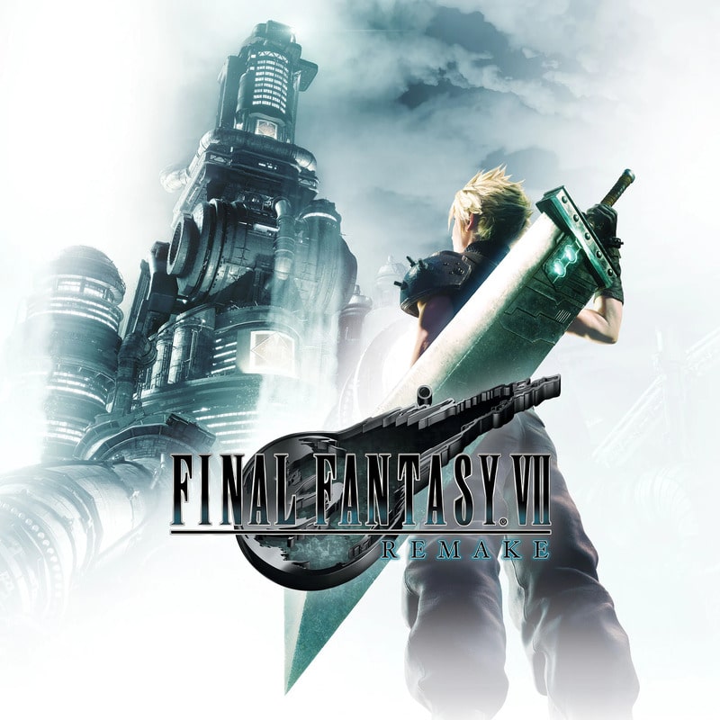 The logo of Final Fantasy VII Remake in front of the character Cloud Strife, who is standing with his back to the viewer. He holds his Buster Sword and looks up at Shinra Tower.