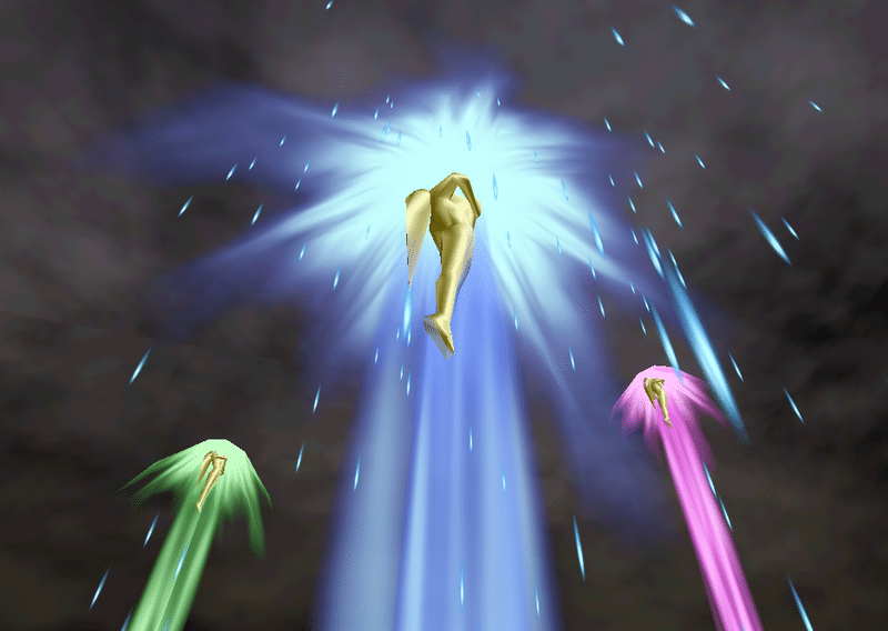 A scene from The Legend of Zelda: Ocarina of Time where golden statues representing the Golden Goddesses Din, Farore, and Nayru ascend to the heavens.