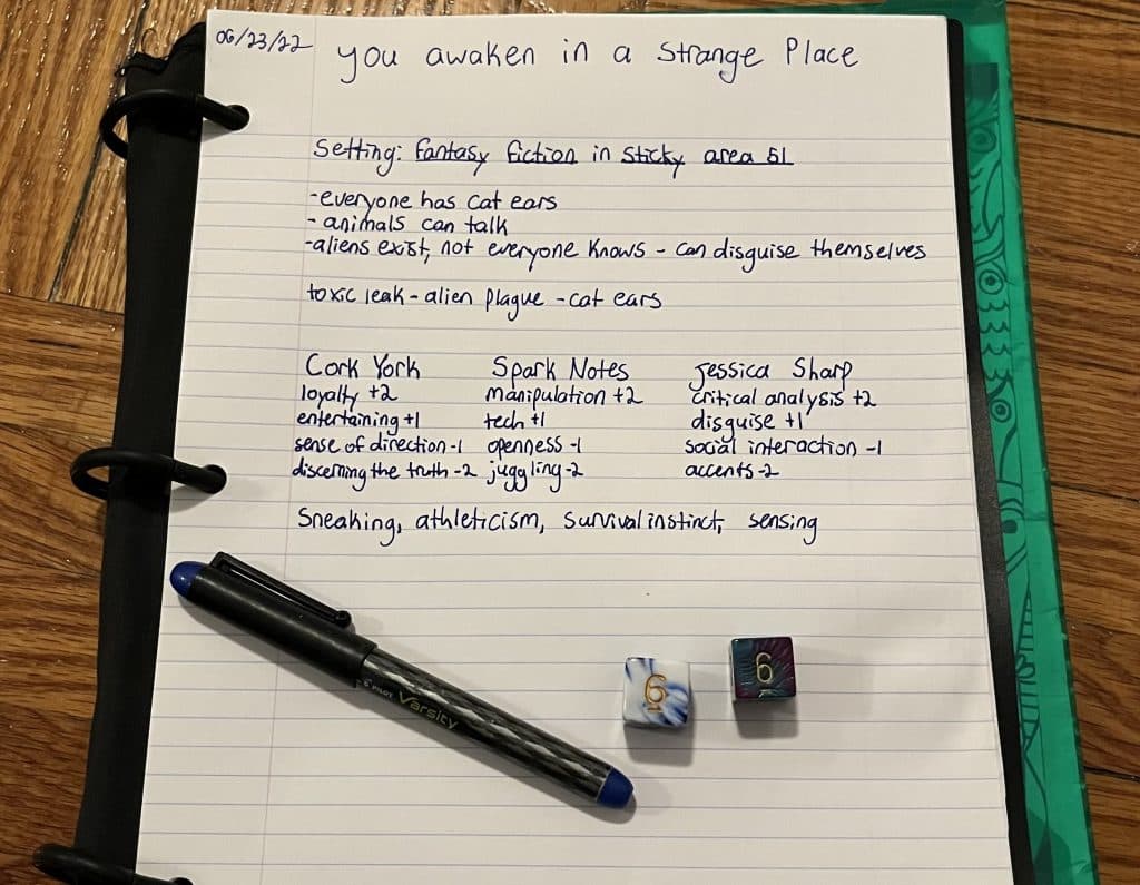 The supplies for a game of You Awaken in a Strange place: a pen, a piece of paper, and a pair of six-sided dice.