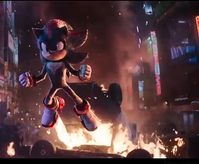 Shadow The Hedgehog, mid-flight, in the new Sonic film.