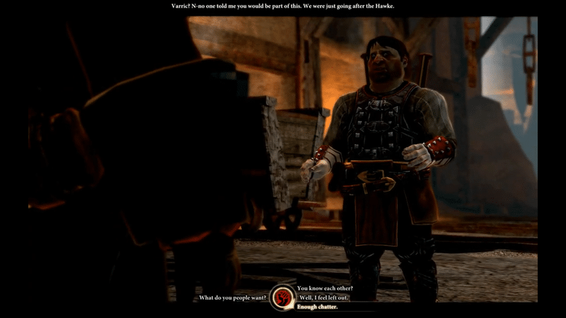 A cutscene from Dragon Age II showing the dialogue wheel