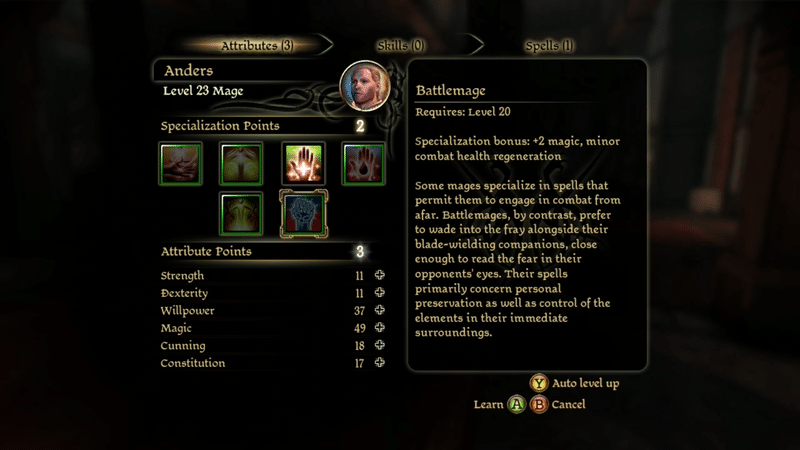 Level up screen showing the Dragon Age Awakening specializations, specifically Battlemage