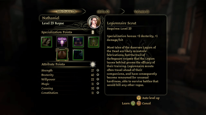 Level up screen showing the Dragon Age Awakening specializations, specifically Legionnaire Scout