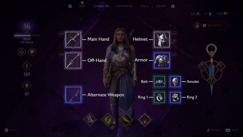 A screenshot of all the item slots for Rook, the main protagonist of Dragon Age The Veilguard, which shows off item progression.