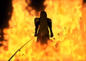 Sephiroth surrounded by flames in a CGI cutscene for Final Fantasy VII for the PlayStation