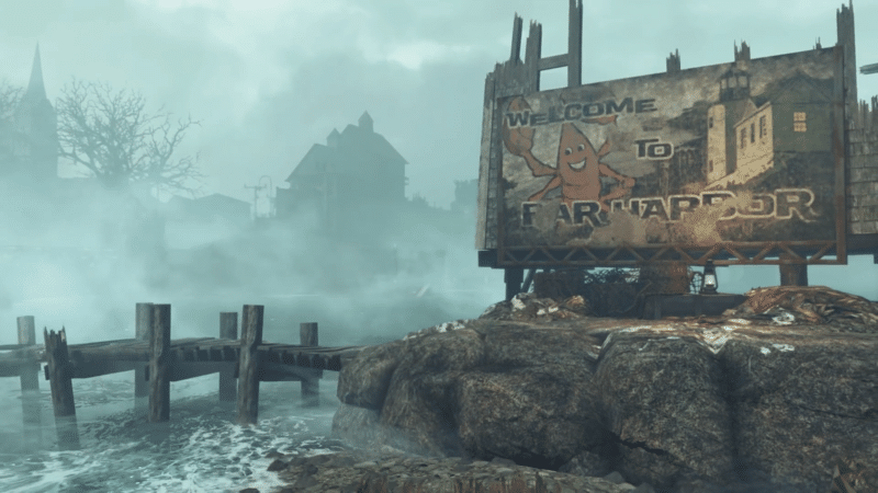 The entrance sign to the location known as Far Harbor in the eponymous DLC for Fallout 4