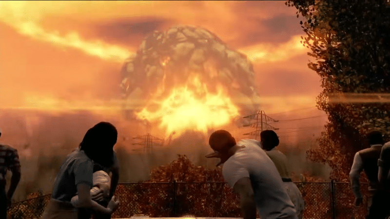 A nuke detonating in the background of a scene in Fallout 4.