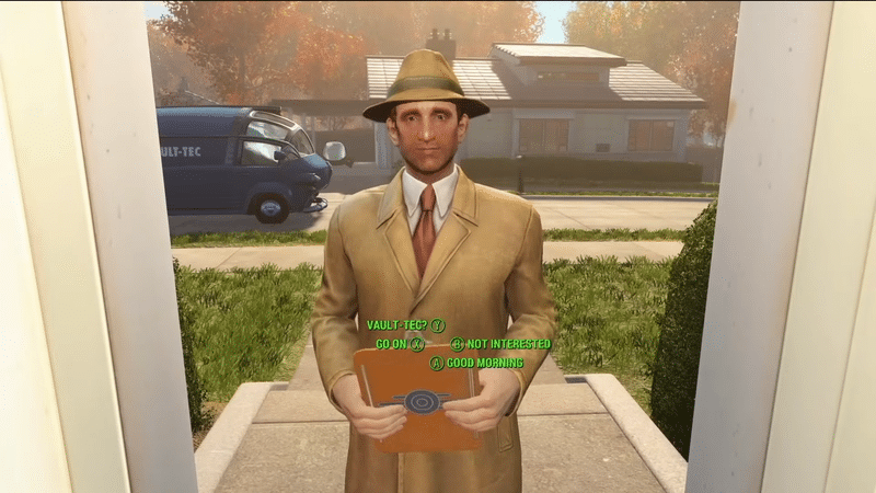 First meeting the Vault Tec Rep in the prologue to Fallout 4