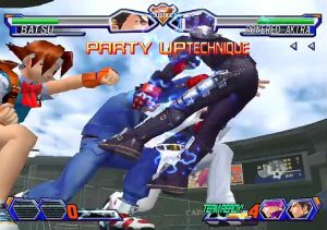 Batsu and his team using a Party-Up Technique in Project Justice.