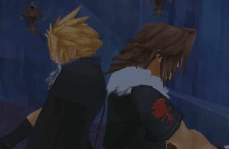 Cloud Strife and Squall Leonhart from Final Fantasy in a cutscene in Kingdom Hearts II