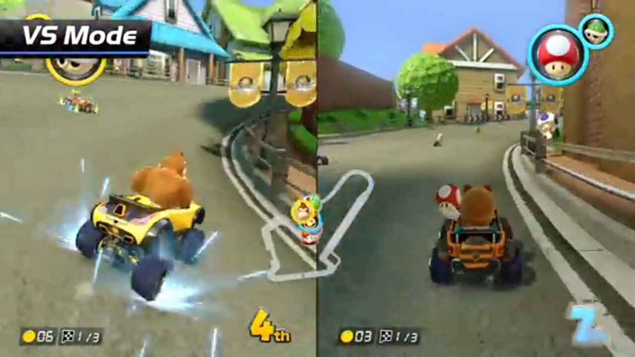 An image of VS Mode in Mario Kart 8D, featuring Donkey Kong and Mario.