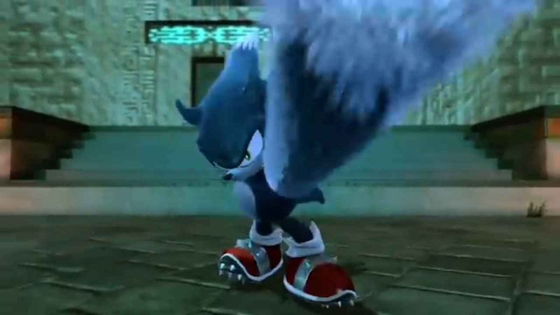 Sonic the Werehog using his elastic arms to pull himself forward.