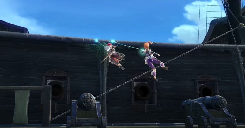 Adol and Karja boarding an enemy ship in Ys 10: Nordics using the Mana String ability