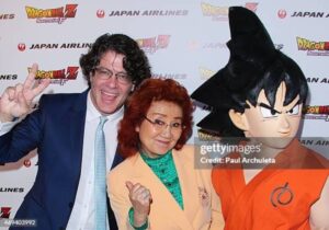 HOLLYWOOD, CA - APRIL 11: Actors Sean Schemmel (L) and Masako Nozawa (R) attend the world premiere "Dragon Ball Z: Resurrection "F" at the Egyptian Theatre on April 11, 2015 in Hollywood, California. (Photo by Paul Archuleta/FilmMagic)