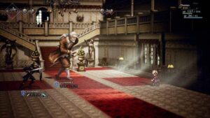 Promotional screenshot of Therion battling in Octopath Traveler