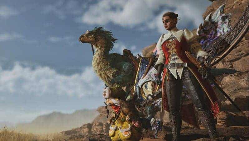 Monster Hunter Wilds. Player, Palico, and Seikret standing next to each other