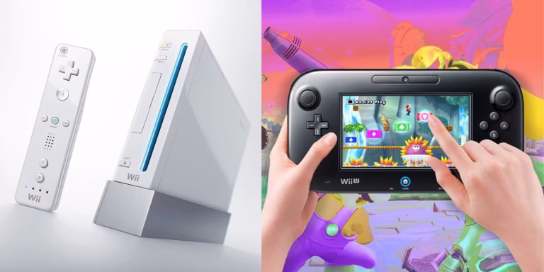 Wii and Wii U next to each other.