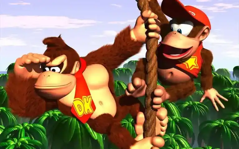 Donkey Kong and Diddy Kong on a rope in the forest.