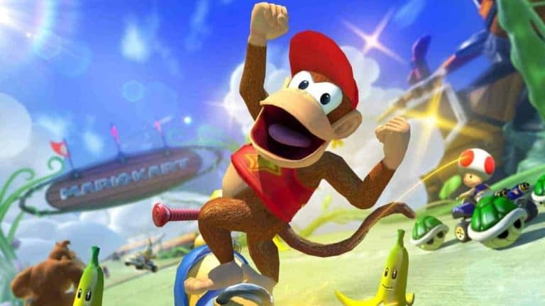 Diddy Kong in Mario Kart hitting a pose.