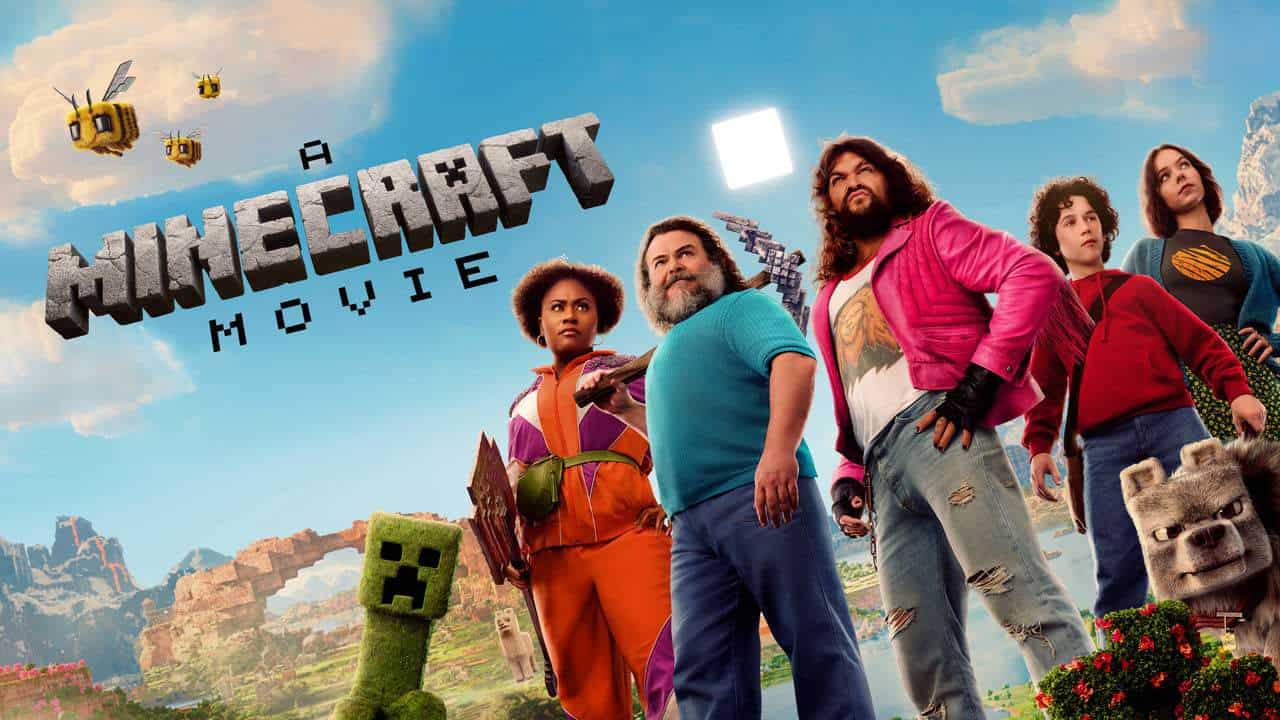 Image of A Minecraft Movie with the all main characters.