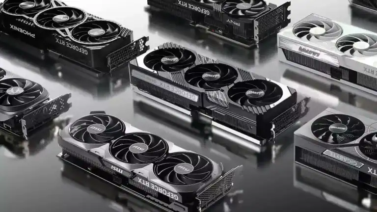Image of several GPUs next to each other.