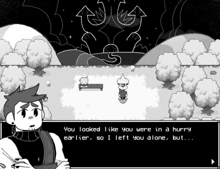 Promotional screenshot of Siffrin talking to Isabeau, from In Stars and Time