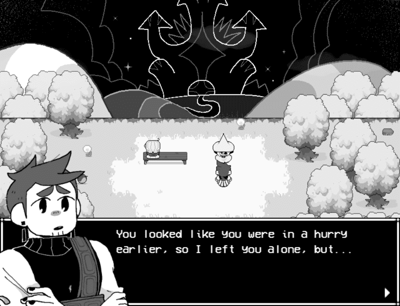 Promotional screenshot of Siffrin talking to Isabeau, from In Stars and Time