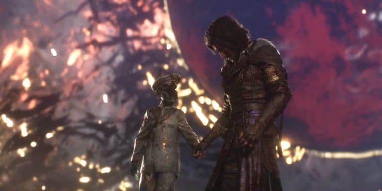 Image from Clair Obscur Expedition 33 of Verso holding the painter boy's hand.