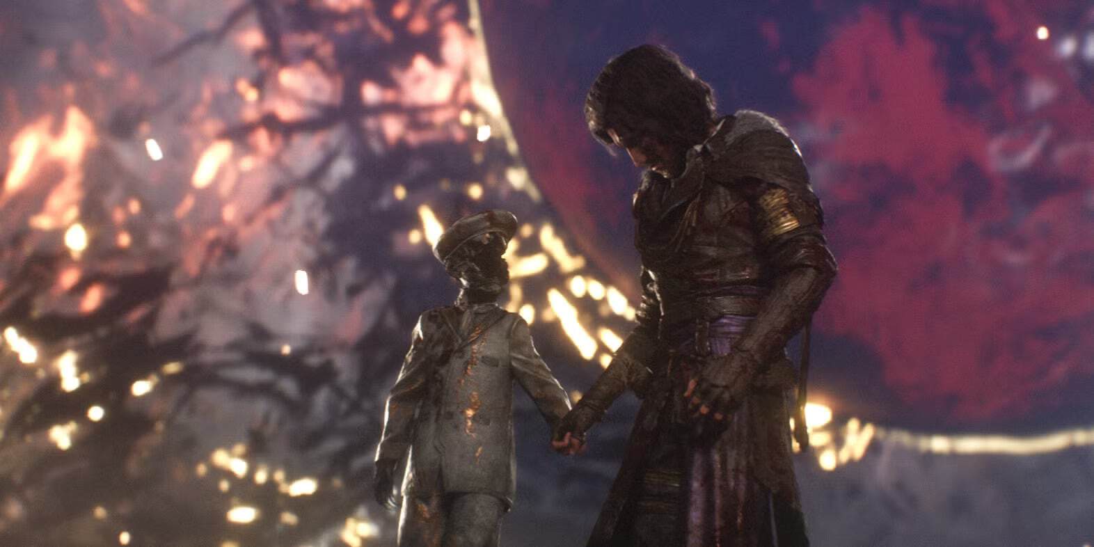 Image from Clair Obscur Expedition 33 of Verso holding the painter boy's hand.