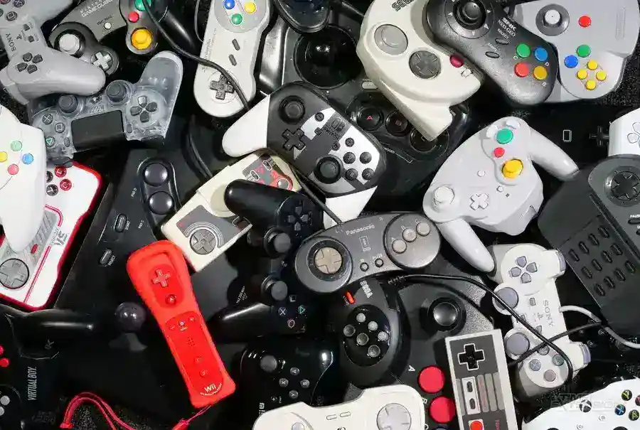 Many video game controllers, some of which can be used in upcoming games.