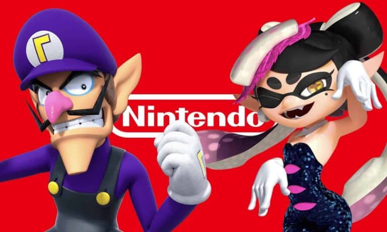 The Nintendo logo, featuring Mario's Waluigi and Splatoon's Callie.