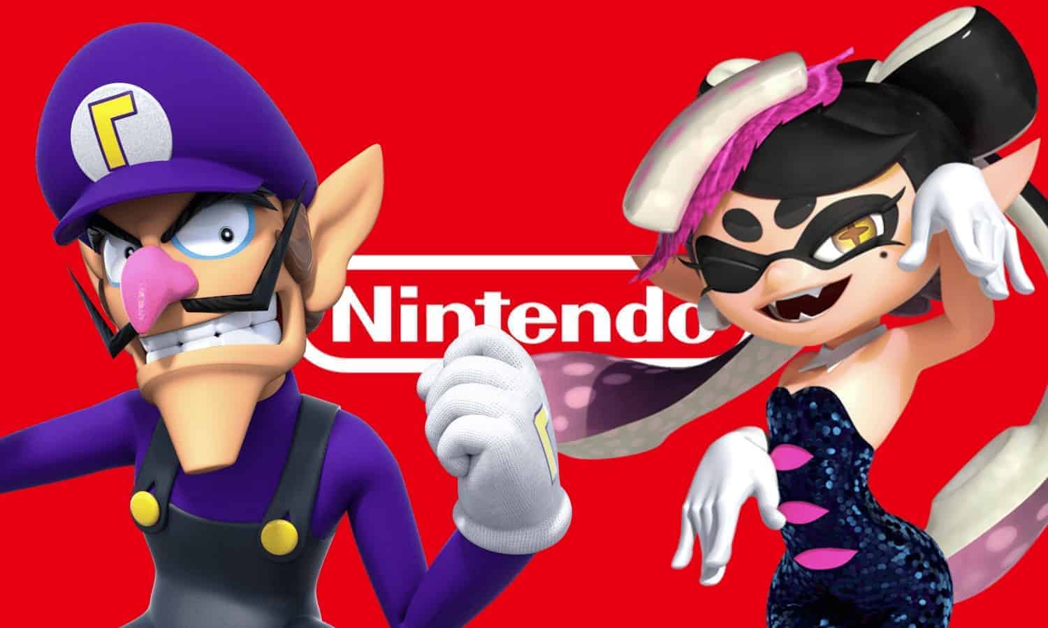 The Nintendo logo, featuring Mario's Waluigi and Splatoon's Callie.