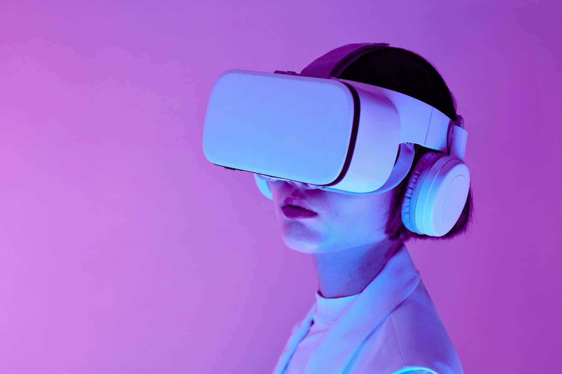 Woman explores virtual reality with VR goggles in modern studio light./ AI