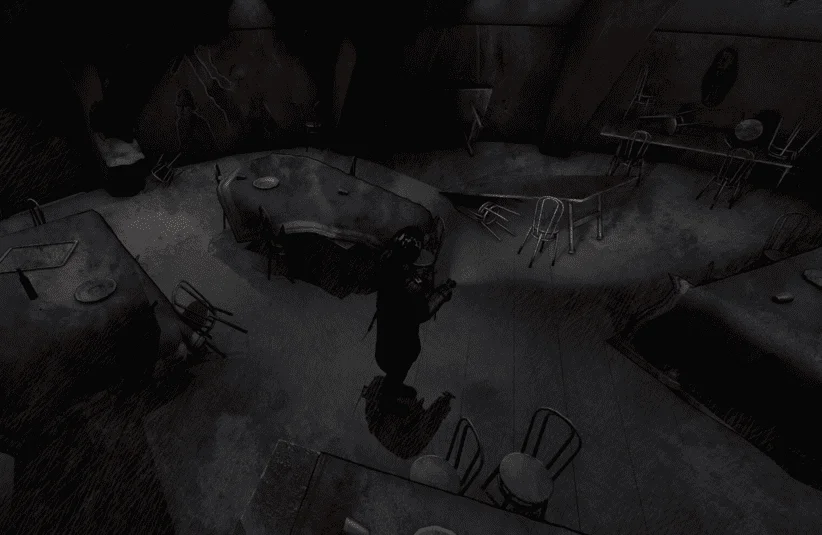 Kriophobia, tundra psychological horror survival, monster in the background, ghosts, unique graphics, resident evil and silent hill inspired game, Fira Soft, indie.io, dining hall