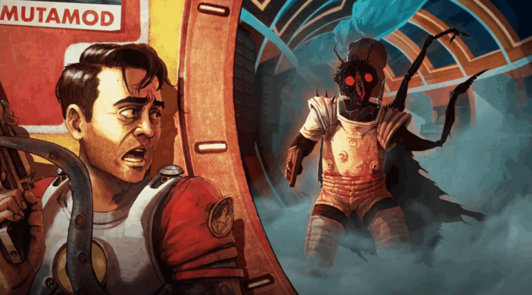 RetroSpace, disco-punk, 70s theme, survival horror, sci-fi, immersive sim, poster art