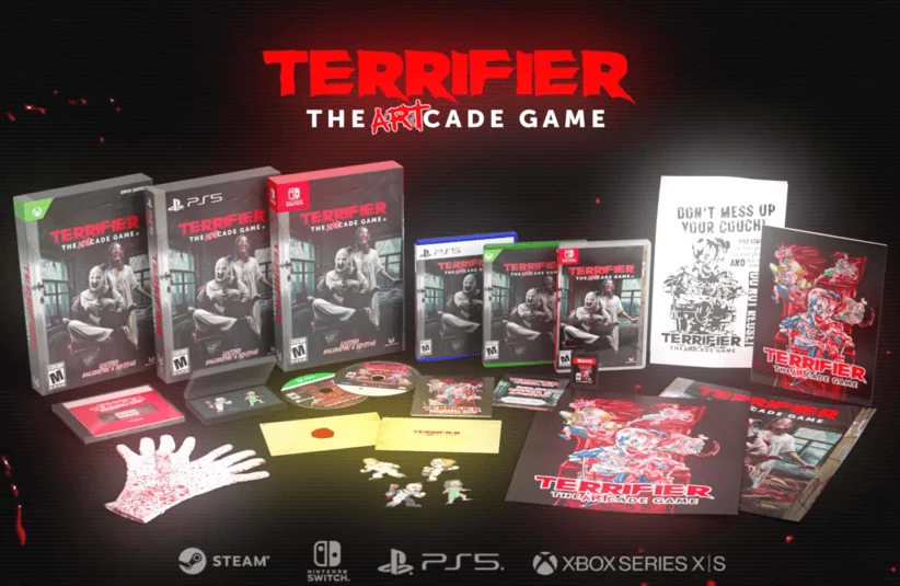 Terrifier The ARTcade Game, violence, gory, killing spree, Art The Clown, arcade style, multiple platforms available, merchandise