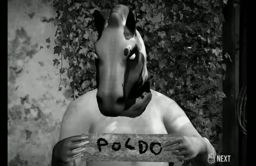 Horses, Santa Ragione, black and white silent film style interactive game, immersive but extremely unsettling imagery, gore, violence, trauma, suicide, content warning from developer, banned game, humans with horse masks, Poldo