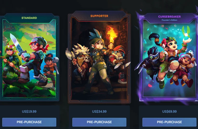 Hytale, early access, pre-purchase, Jan. 2026 indie fantasy RPG, website platform, Hypixel Studios, 3 editions available for early access, Standard, Supporter, Cursebreaker, goodies with each pack