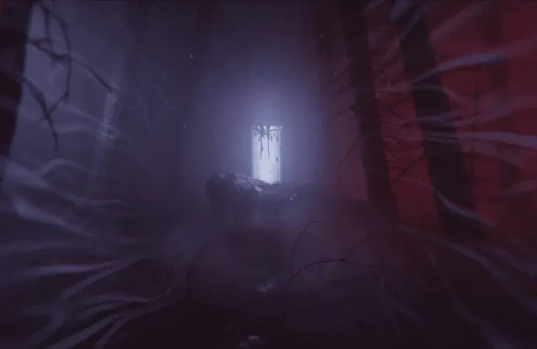 Lucid Falls, debut game by Eldamar Studio, featured on Day of the Devs 2025 Steam event, locked into a lucid dream devolving into a nightmare, Unreal Engine, reality bending and manipulation of physics, door in the middle of the woods