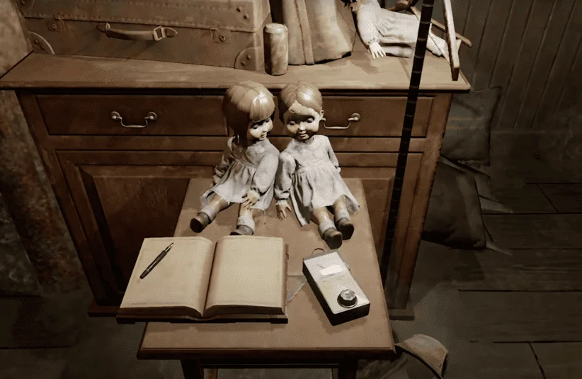 Phasmophobia, Kinetic Games, Nintendo Switch 2, full launch in 2026, immersive gameplay of the same caliber for multi-platform, cross-play availability, paranormal investigators explore haunted locations to record supernatural activity, creepy dolls sitting on a side table with an open journal and an EMF device