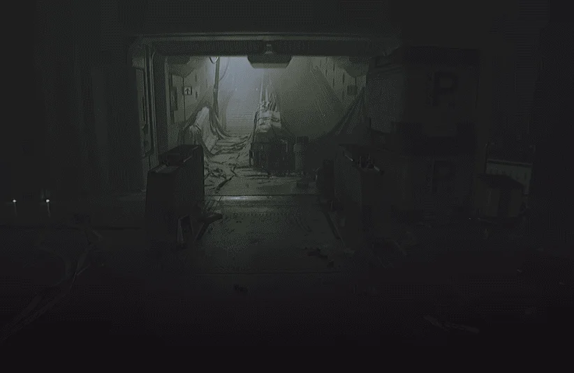 ROUTINE, 80s futuristic survival sci-fi horror, lo-fi analog style immersive gaming, atmospheric and stress inducing, desolate area with a stairwell