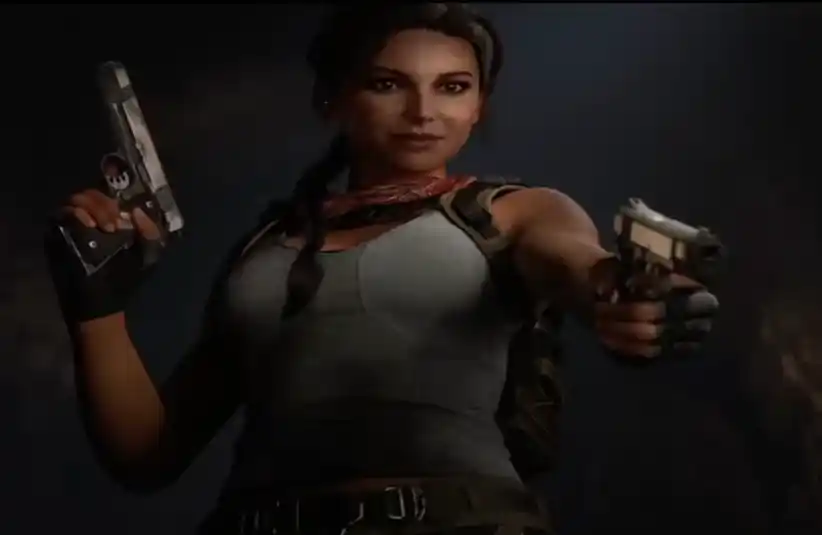 Screenshot of Laura Croft holding her weapons.
