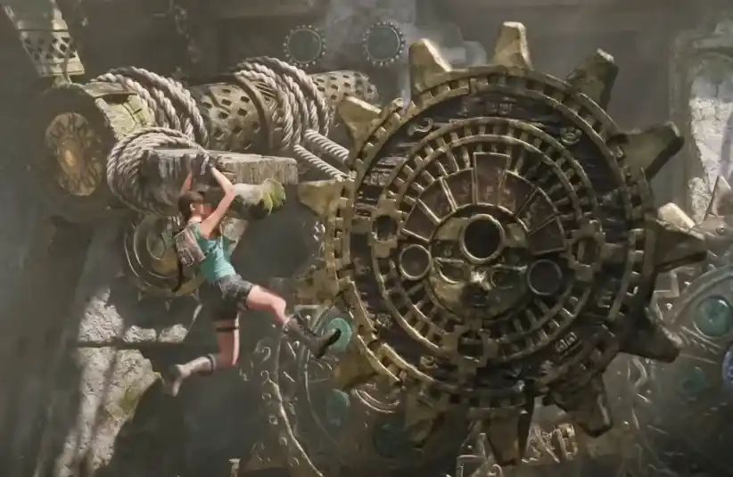 Laura Croft jumping from a beam to a rotating gear in a game challenge.