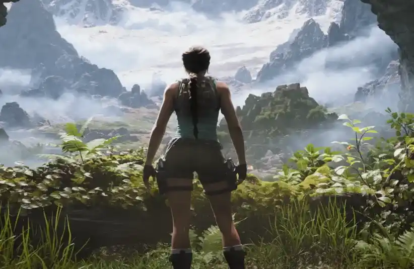 Laura Croft looking out to the land in the Legacy of Atlantis