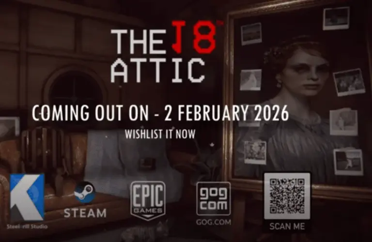 The 18th Attic, Steelkrill Studio, Feb. 2026 release, spot the anomalies to escape a haunted, time-looping attic, dark secrets, support animal, cat, polaroid camera