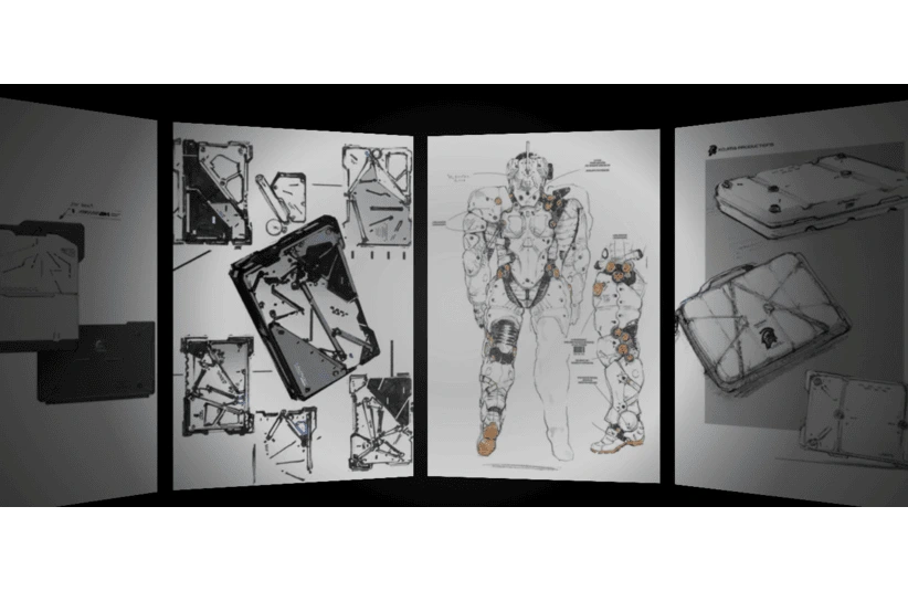 Drawing concepts of a humanoid robot and mechanical components are displayed on three panels against a dark background, conveying a futuristic theme. ASUS ROG Flow Z13-KJP concept art, courtesy of KOJIMA PRODUCTIONS Co., Ltd./HIDEO KOJIMA and ASUSTeK Computer Inc.