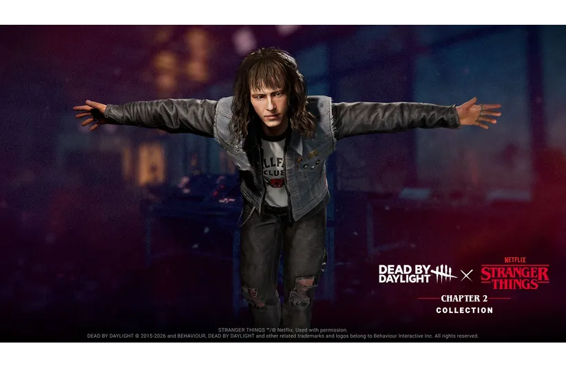 Eddie from Stranger Things, in a denim jacket with arms outstretched stands in a dimly lit room, evoking suspense. "Dead by Daylight x Stranger Things," Chapter 2 Collection text.