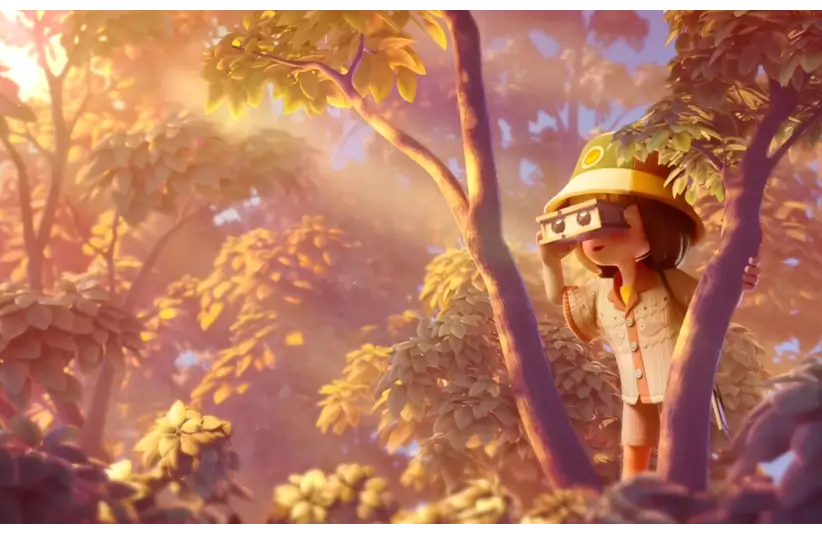 A cartoon character in explorer attire stands amidst sunlit trees, looking through binoculars. The scene is warm and whimsical, evoking adventure.